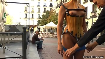 Naked babe in plastic corset public d.