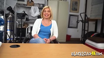 Hot teen blondie sucks a big black cock at a job interview on her first trial.